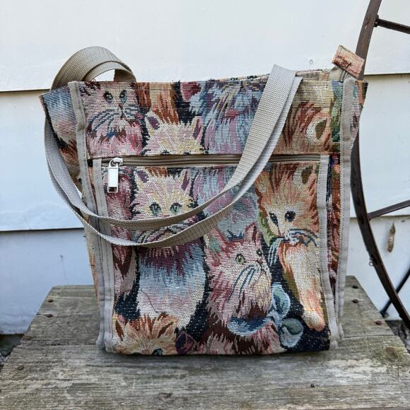 Vintage 80s Cat Tapestry Tote Psychedelic All Over Print Tapestry Purse Tote Bag - Picture 1 of 11